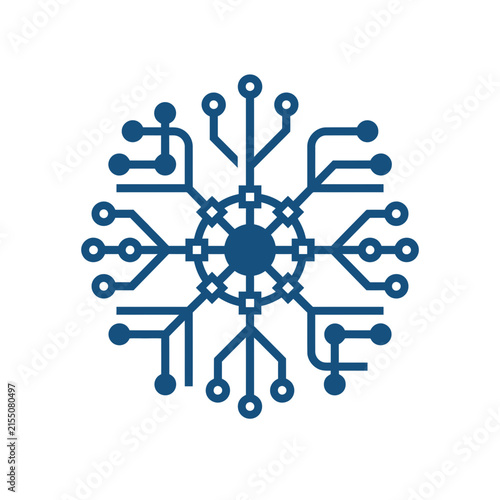 A blue digital circuit board pattern shaped like a snowflake
