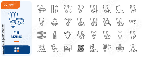 Swim Fins Fin Sizing Web Icon Set in Linear Style. Collection of Watersports Gear line icons, including size measurement, heel strap, split blade, short blade, bootie fit, size chart and more.