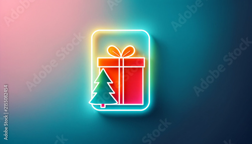 bright glowing neon outline illustration of a wrapped gift box with a bow and a small christmas tree within a rounded rectangular frame on a blue and pink gradient field.