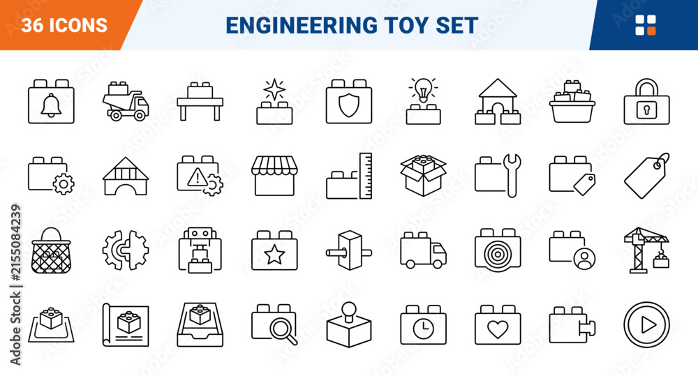 Fototapeta premium Building Set Engineering Play Web Icon Set in Linear Style. Collection of construction toy line icons, including building block, toy crane, instruction manual, storage tub, gear assembly and more.