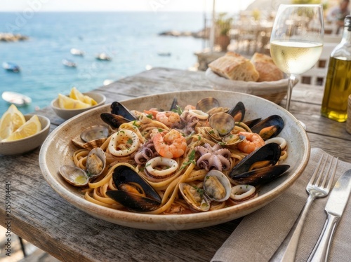 A gourmet seafood pasta dish with shrimp, mussels, clams, and calamari served in a rustic bowl on a wooden table at an outdoor seaside restaurant with a glass of white wine and lemon wedges.