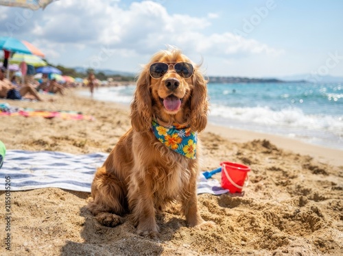 A happy golden cocker spaniel wearing sunglasses and a colorful floral bandana sitting on a sandy beach during a sunny summer day.