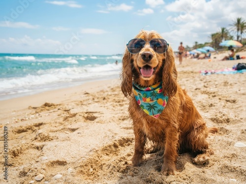 A happy golden spaniel dog wearing sunglasses and a tropical-print bandana sitting on a sunny sandy beach with the ocean waves in the background.