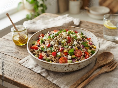 A healthy grain salad featuring farro, black beans, tomatoes, corn, and cucumber, topped with feta cheese and pumpkin seeds in a rustic bowl on a wooden table with a side of honey.