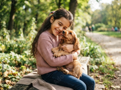 A happy young girl sitting on a park bench and hugging a cute, golden-colored puppy that is licking her cheek on a sunny autumn day.