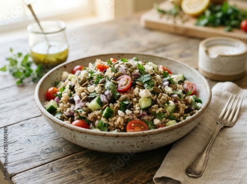 A healthy grain salad with farro, black beans, cucumbers, cherry tomatoes, red onions, crumbled cheese, and pumpkin seeds served in a rustic bowl on a wooden table.