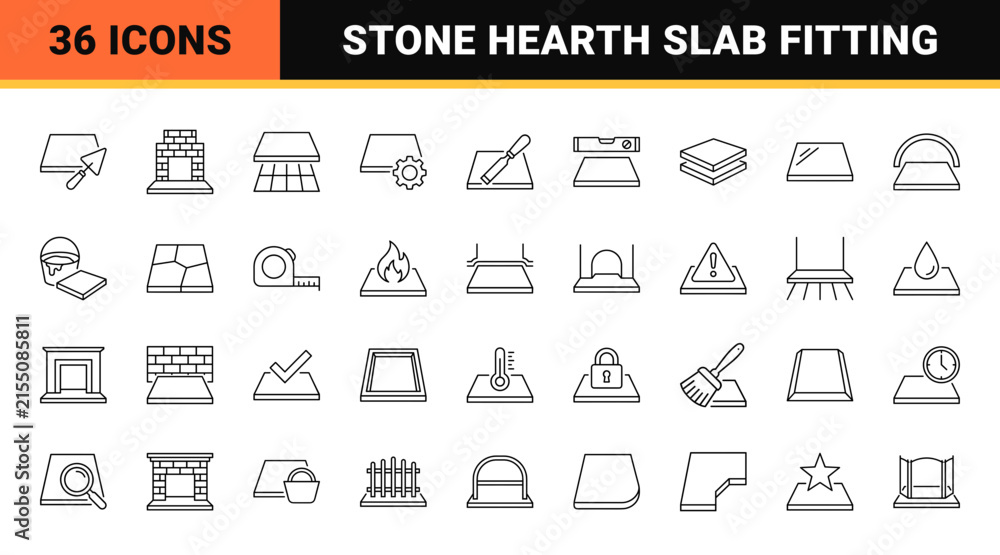 Fototapeta premium Hearth Slab Fireplace Web Icon Set in Linear Style. Collection of Hearth Stone line icons, including hearth slab, grate, trowel, level, guard, mantel, brick, seal and more.