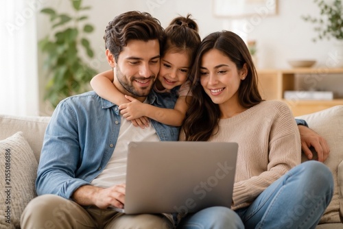 Familia feliz con niña pequeña usando una laptop para hacer compras online y sonriendo sentados en el sofá de casa.