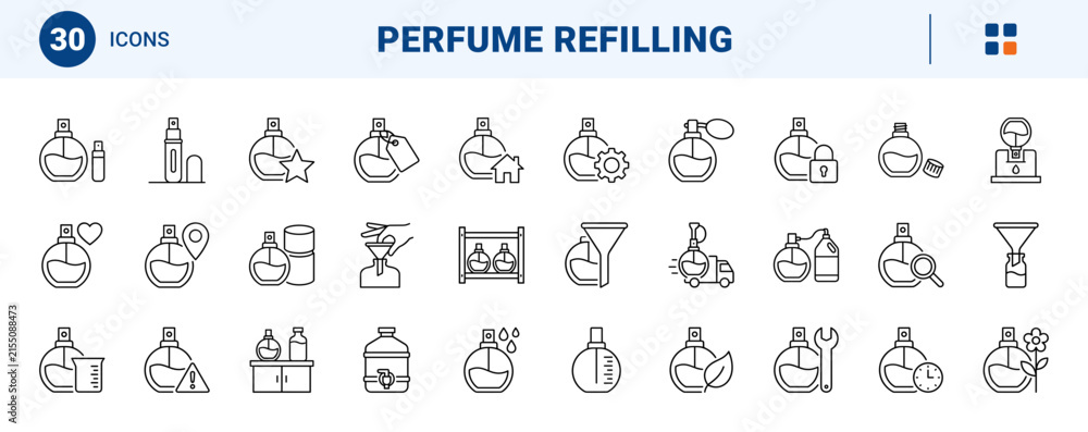Naklejka premium Perfume Bottle Refilling Web Icon Set in Linear Style. Collection of Fragrance Station line icons, including perfume bottle, refill funnel, liquid level, spray atomizer, bulk canister, dropper