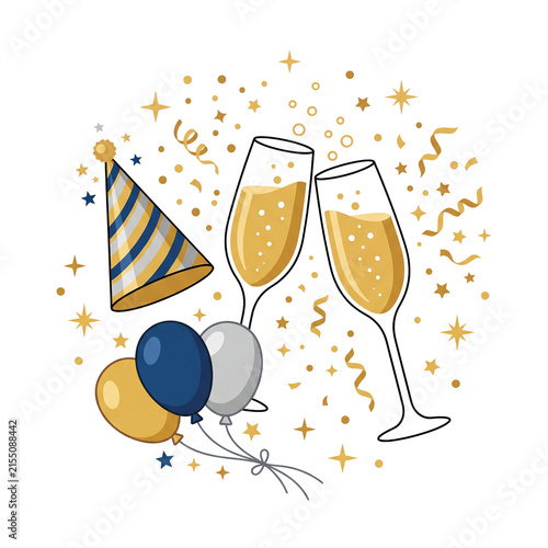 Elegant New Year Celebration with Champagne Glasses Balloons and Party Hat