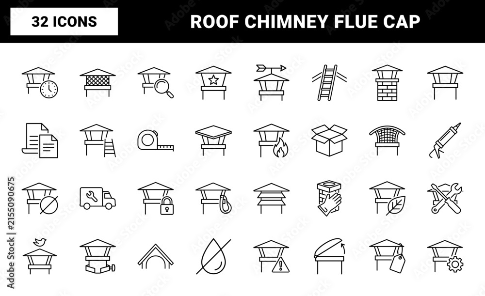Fototapeta premium Chimney Cap Replacement Web Icon Set in Linear Style. Collection of line icons, including chimney repair, cap installation, flue protection, roof service, spark arrestor, venting.