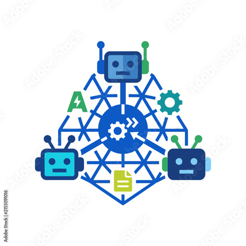 A digital illustration of three friendly robots in a network