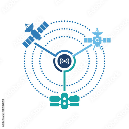 A digital illustration of three satellites orbiting a central hub