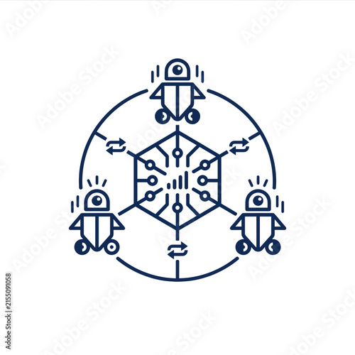 A digital illustration of three small robots around a central hub