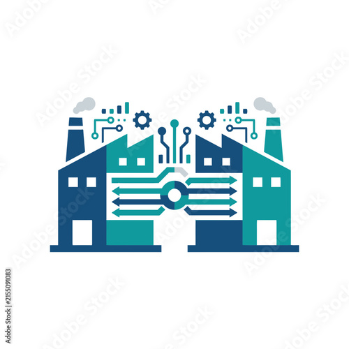 A digital illustration of two connected industrial factory buildings