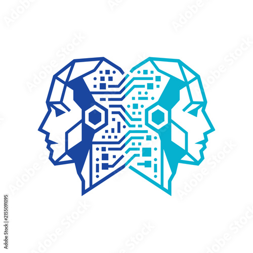 A digital illustration of two connected robotic human profiles