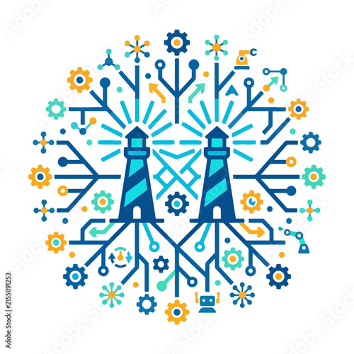 A digital illustration of two lighthouses with connected circuit lines