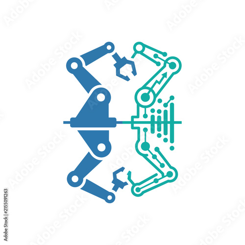 A digital illustration of two mechanical arms working in unison