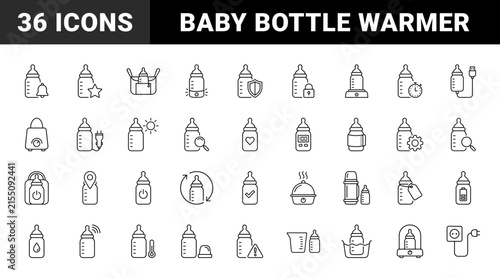 Baby Bottle Warming Web Icon Set in Linear Style. Collection of Nursery Care line icons, including bottle warmer, temperature display, thermal sleeve, travel pouch, car adapter, steam chamber, timer