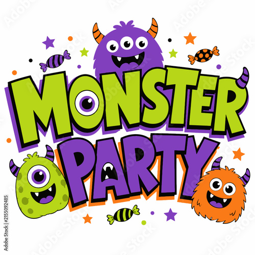 Monster Party typography with cute cartoon creatures, colorful Halloween celebration vector, spooky birthday invitation graphic