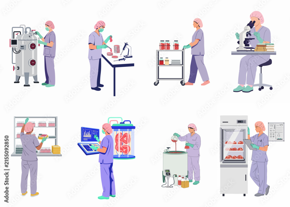Fototapeta premium Set of flat vector illustrations depicting laboratory workers in scrubs performing various scientific tasks and managing medical equipment in a clinical environment.