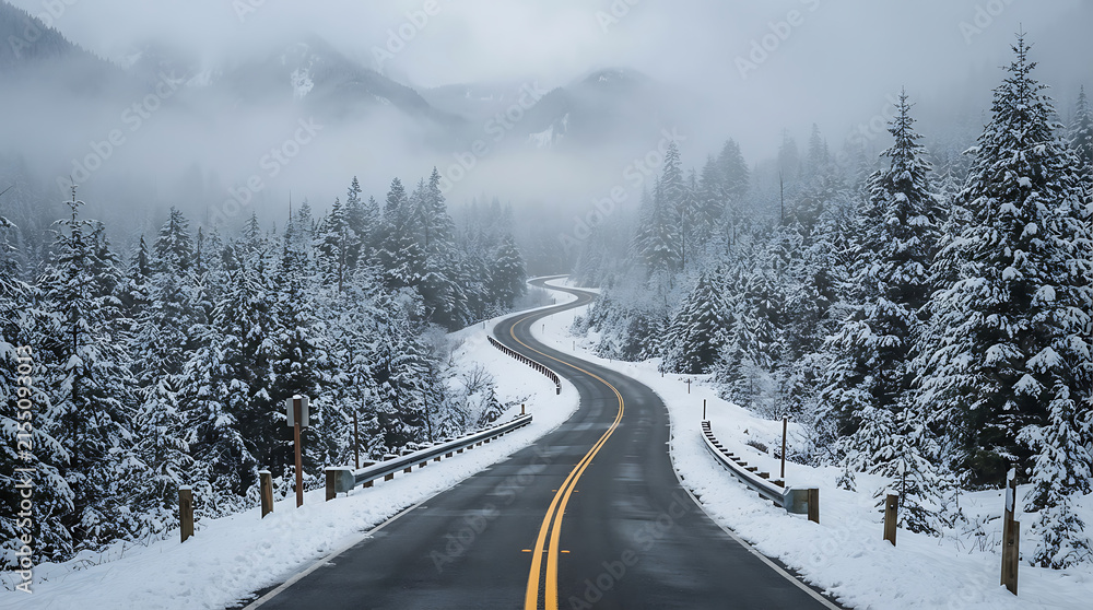 Fototapeta premium Winding asphalt road leading through dense snowy evergreen forest during quiet cold winter morning atmosphere with covered mountain forest road stretching misty