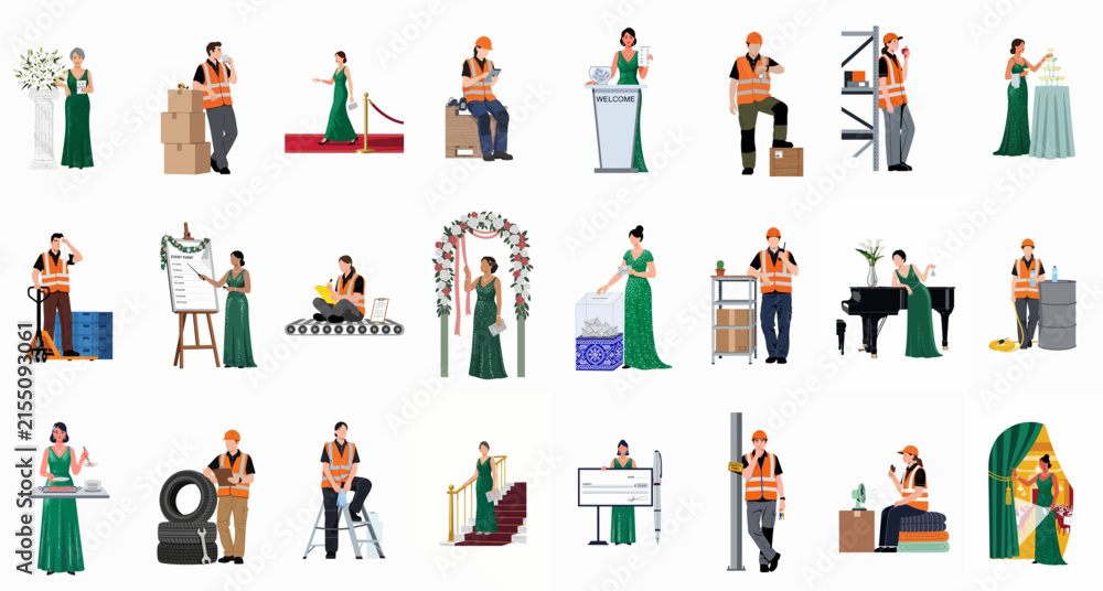 Fototapeta premium Diverse collection of vector illustrations featuring a woman in an elegant green dress and a male worker in high-visibility industrial clothing.