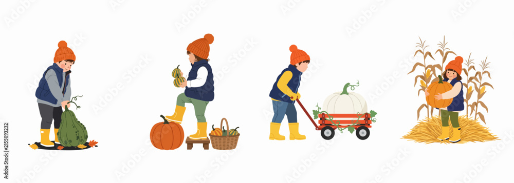 Fototapeta premium Collection of flat vector illustrations of a child participating in various autumn harvest activities like pumpkin picking and pulling a wagon on a farm.