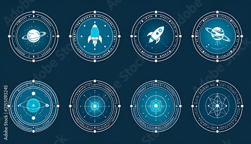 Futuristic Space Icons - Planets, Rockets, and Scientific Symbols.