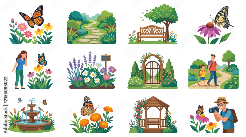 Fototapeta premium Garden scenes with butterflies and people enjoying nature