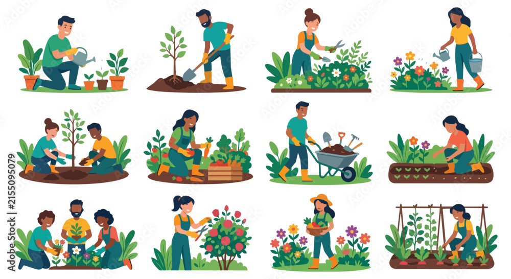 Fototapeta premium People gardening planting and watering plants in garden