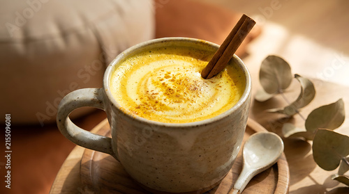 Ceremonial golden milk turmeric latte with artistic foam and cinnamon. 
Ayurvedic wellness ritual. Perfect for yoga brands and wellness marketing.