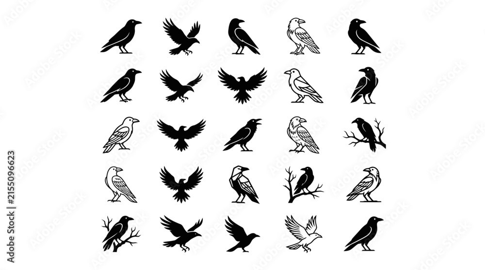 Naklejka premium Black raven and crow silhouette set.