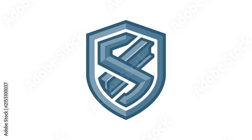 Blue geometric shield icon with abstract stripes.