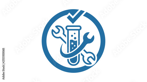 Blue lab tube with wrenches and checkmark.