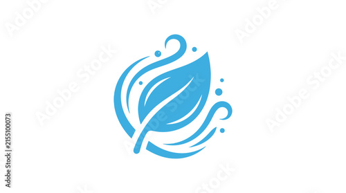 Blue leaf icon with swirling water wave elements.