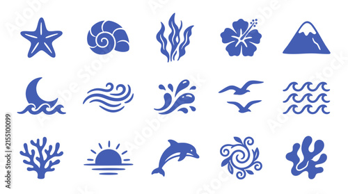 Blue marine and beach minimalist icon set.