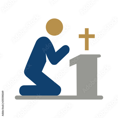 Fotografie Man Kneeling and Praying in Front of Altar Vector Icon