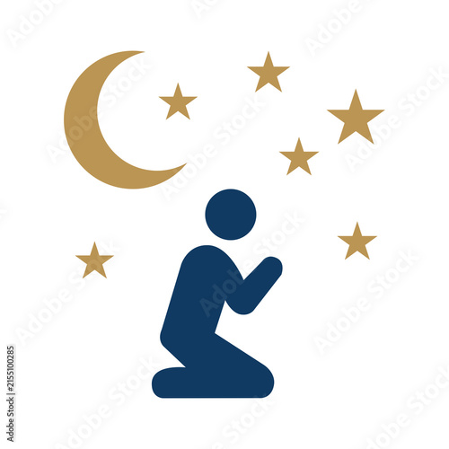 Man Praying under Crescent Moon and Stars Vector Icon