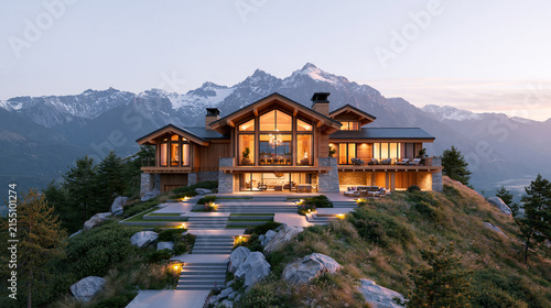Modern Timber Lodge on Rocky Hillside at Evening