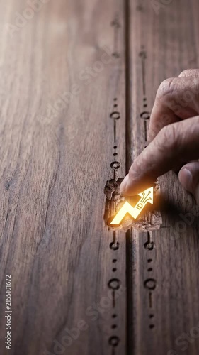 Wooden panel finger touch digital identity concept with cracked surface, data security hand touch on wood table, repair craft work and joinery closeup