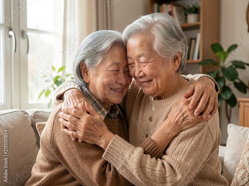 Two elderly women embracing warmly in living room.