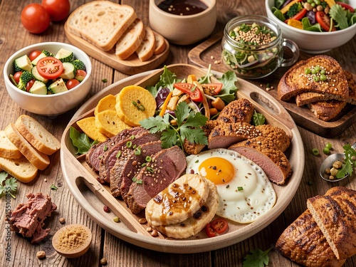 Assorted gourmet dishes with grilled meat, salad and bread on wooden table.