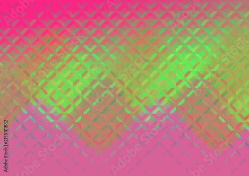 Abstract geometric background with a vibrant gradient of pink and lime green, featuring a repeating diamond and chevron pattern with a metallic texture