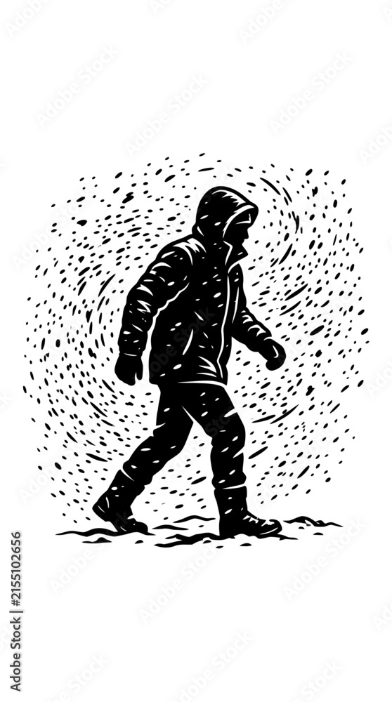 Fototapeta premium A solitary person walking through a heavy snowstorm illustration.