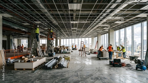 Interior construction site of modern office space with workers and tools construction interior renovation building industry planning