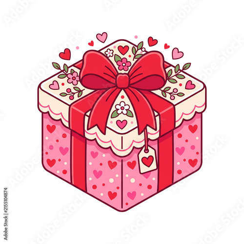 Cute Valentine Gift Box with Red Bow, Hearts and Flowers