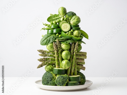 Tower of fresh green vegetables arranged on white plate for healthy cuisine.