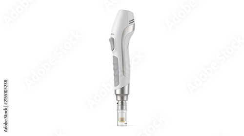 Precision motorized microneedling pen tool designed for professional collagen induction facial therapies. Advanced medical cosmetic dermatology clinic equipment isolated on a clean white solid backgro
