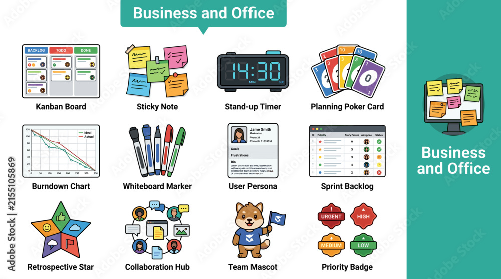 Fototapeta premium Agile project management and business office icons set